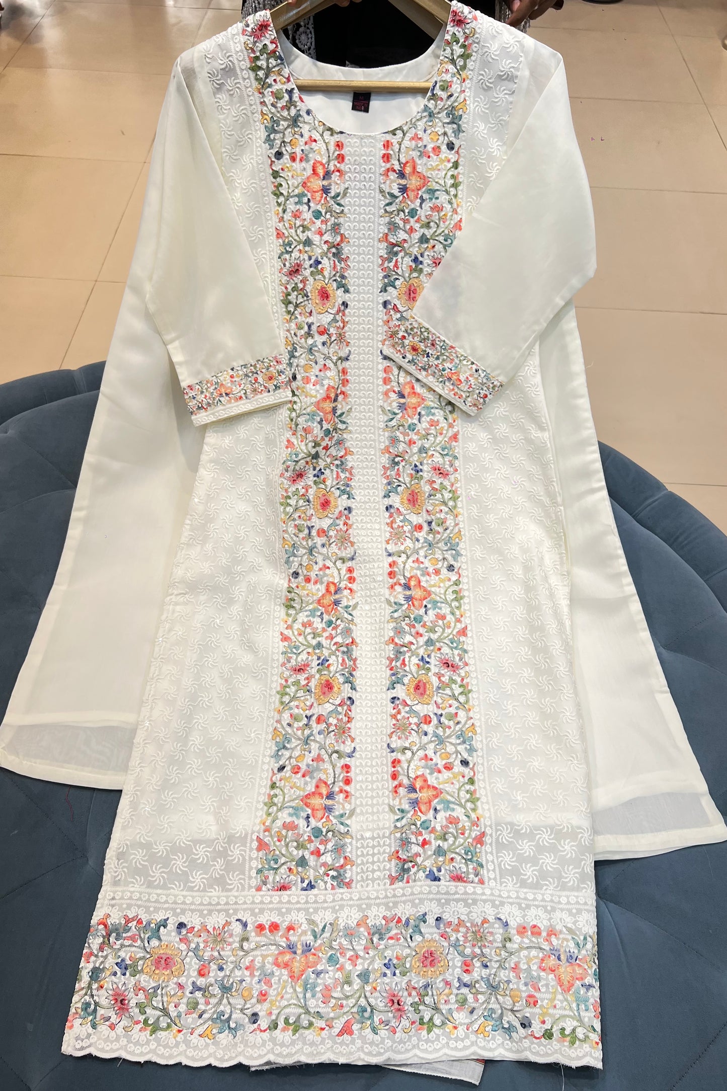 3pc Chikankari Embroidered Suit With Printed Dupatta