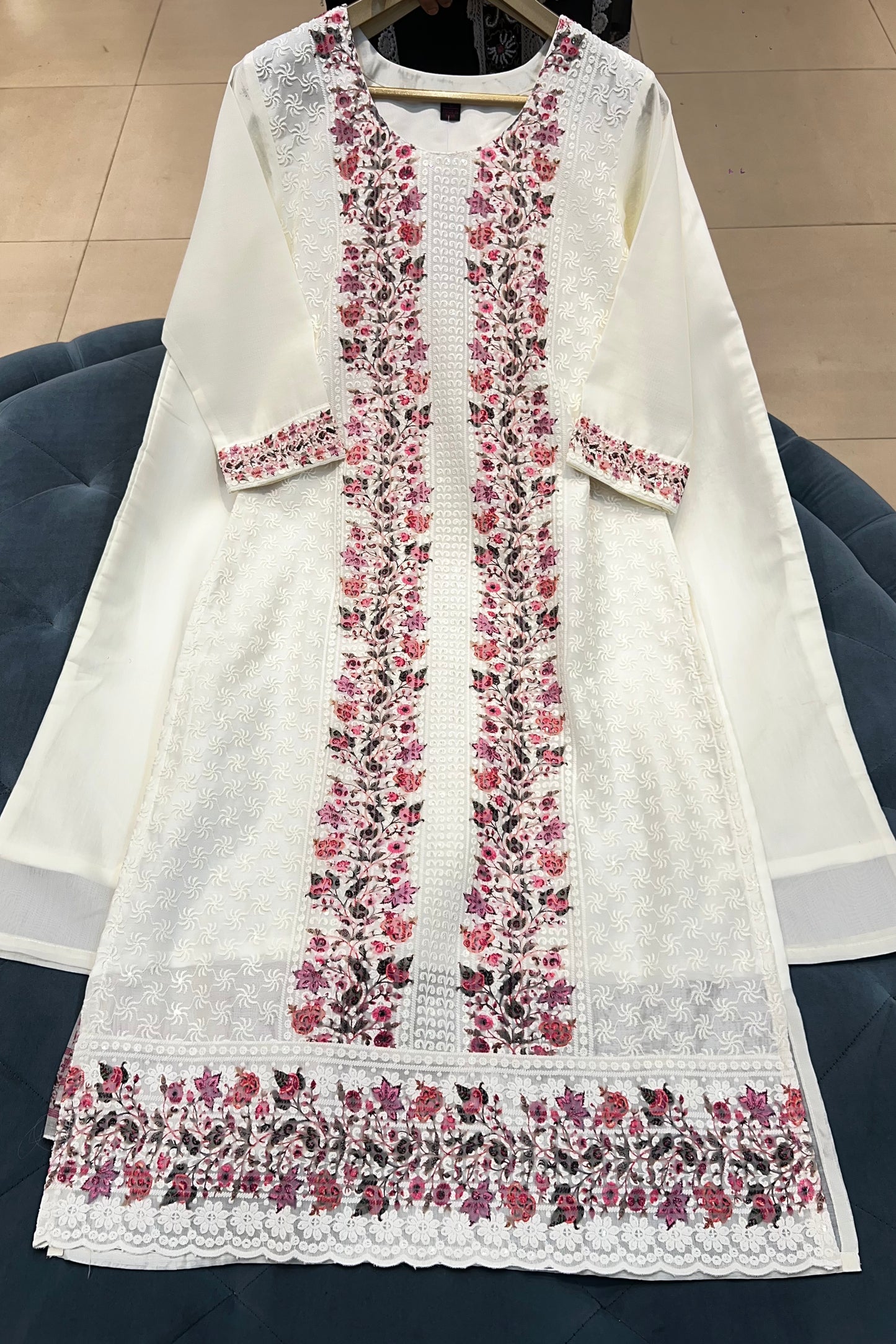 3pc Chikankari Embroidered Suit With Printed Dupatta