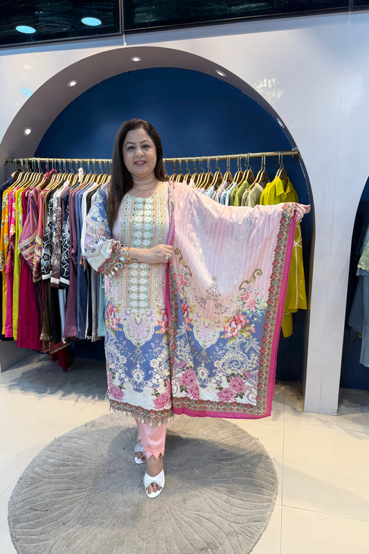 3pc Crepe Partywear Printed Suit With Printed Dupatta