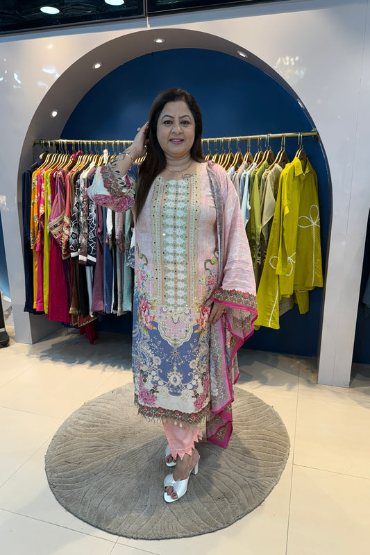 3pc Crepe Partywear Printed Suit With Printed Dupatta