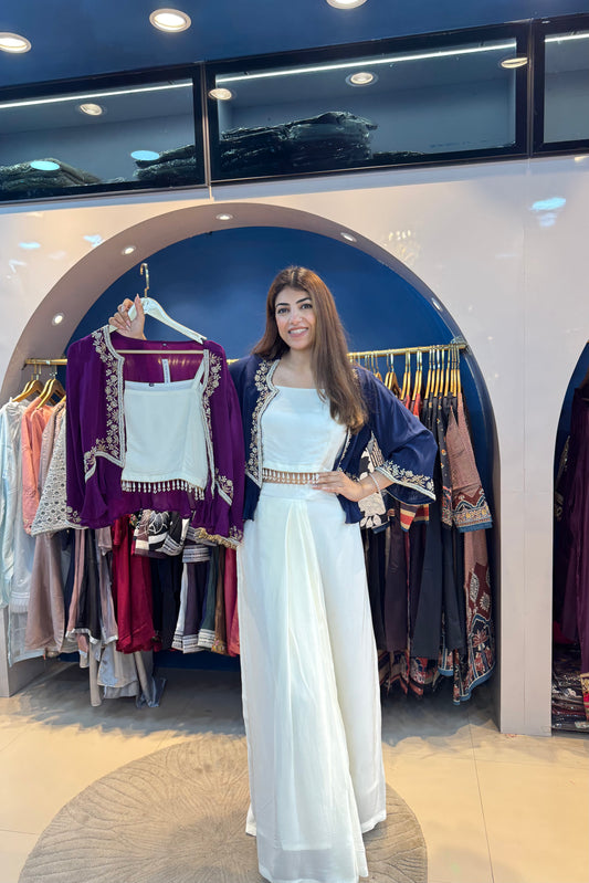 3pc Indo-western Set With Short Jacket And Inner Paired With Drape Skirt
