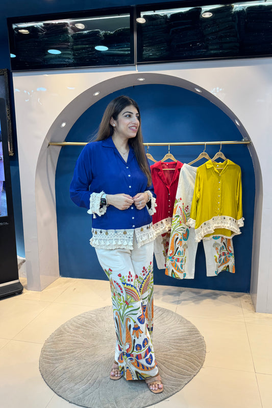 2pc Cotton-Muslin Co-ord Set Paired With Printed Plazzos