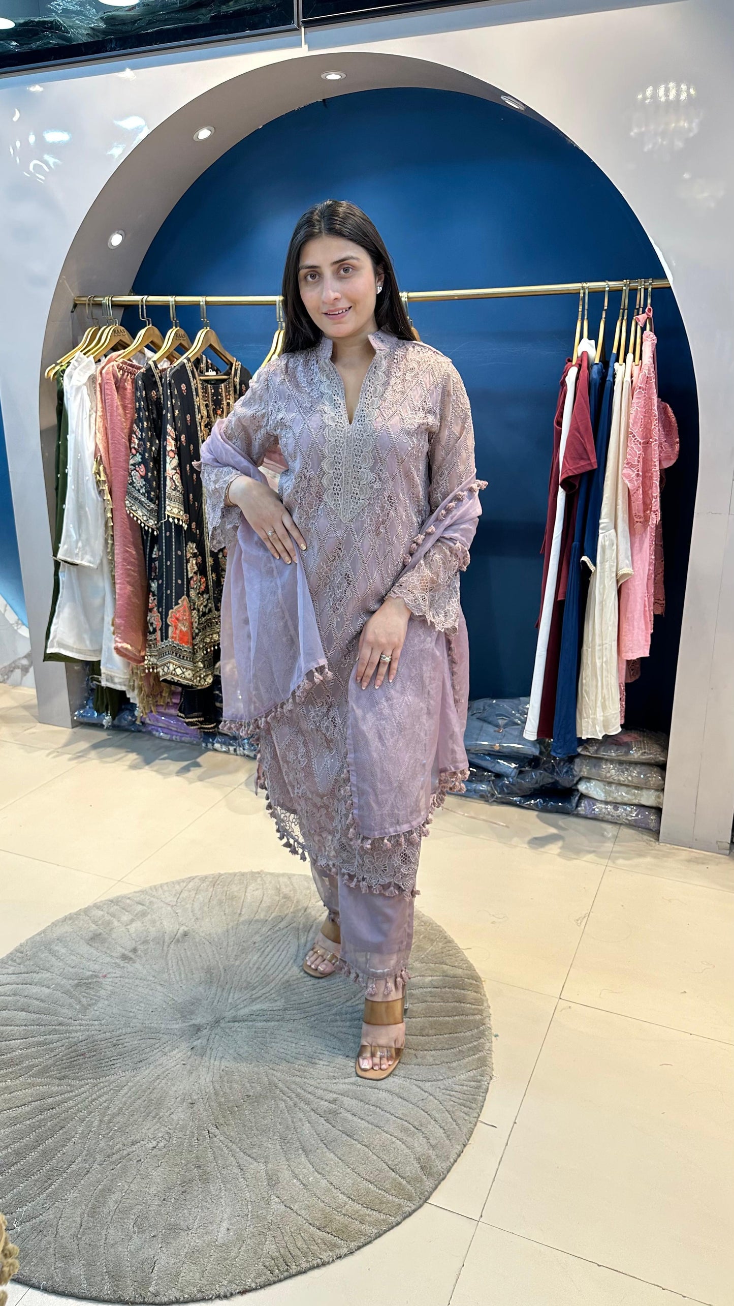 Organza Schiffli Suit with Organza Dupatta with Tassel