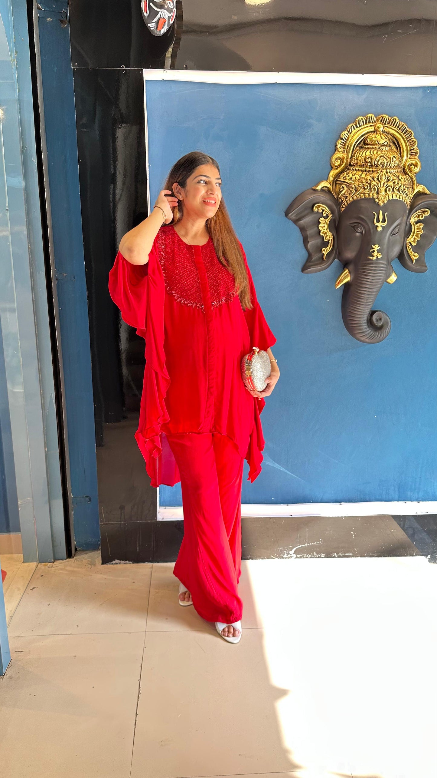 Pure Crepe Indo-Western Set with Complete Handwork Paired with Bell Bottom Pants
