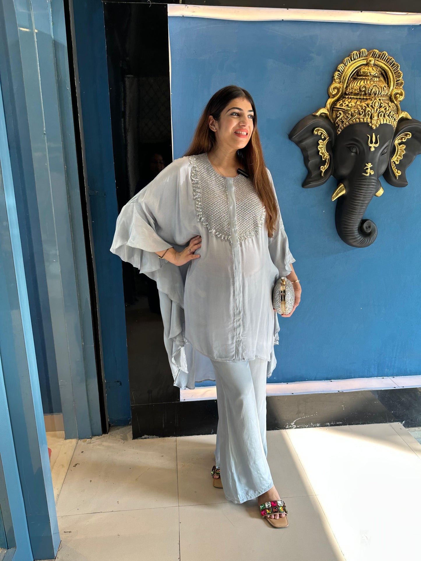 Pure Crepe Indo-Western Set with Complete Handwork Paired with Bell Bottom Pants