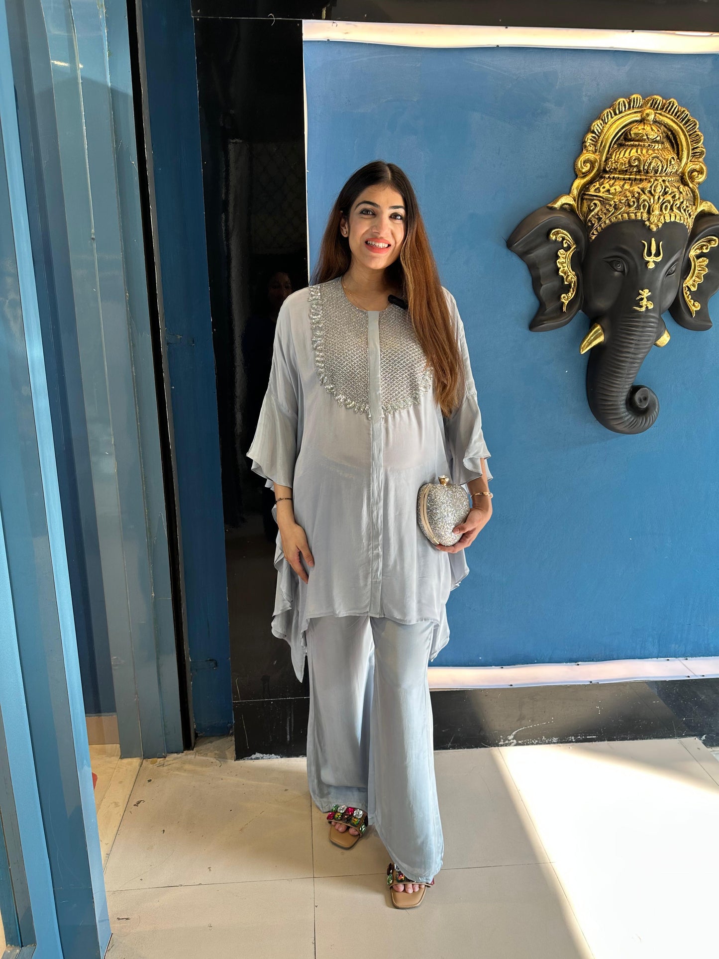 Pure Crepe Indo-Western Set with Complete Handwork Paired with Bell Bottom Pants