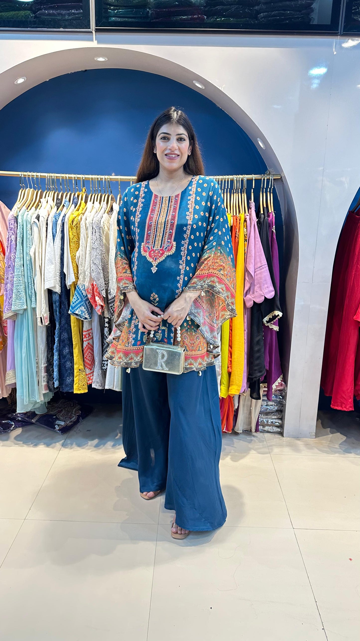 Digital Crepe Kaftana with Bell Bottom Pants