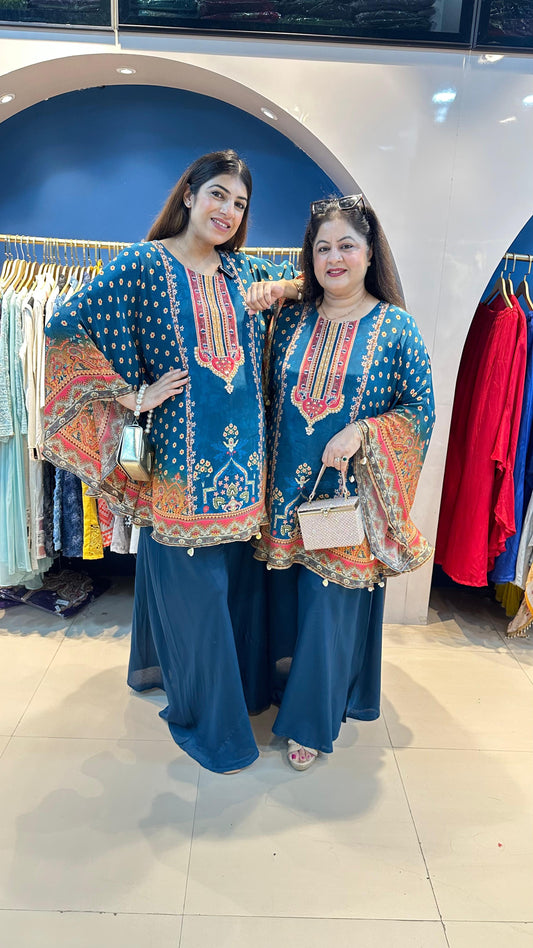 Digital Crepe Kaftana with Bell Bottom Pants