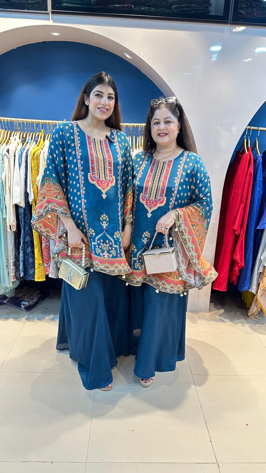 Digital Crepe Kaftana with Bell Bottom Pants