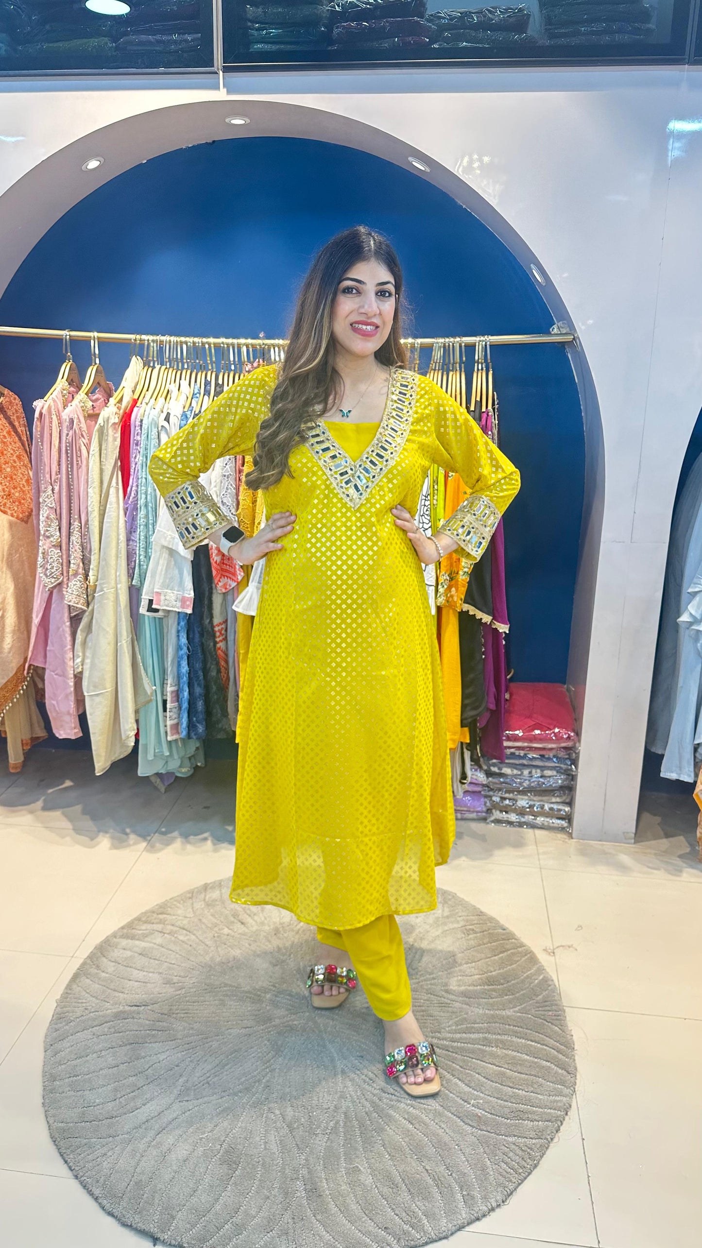 Pure Viscose Georgette Foil Print 3pc Set with Pants & Inner Highlighted with Mirror Lace