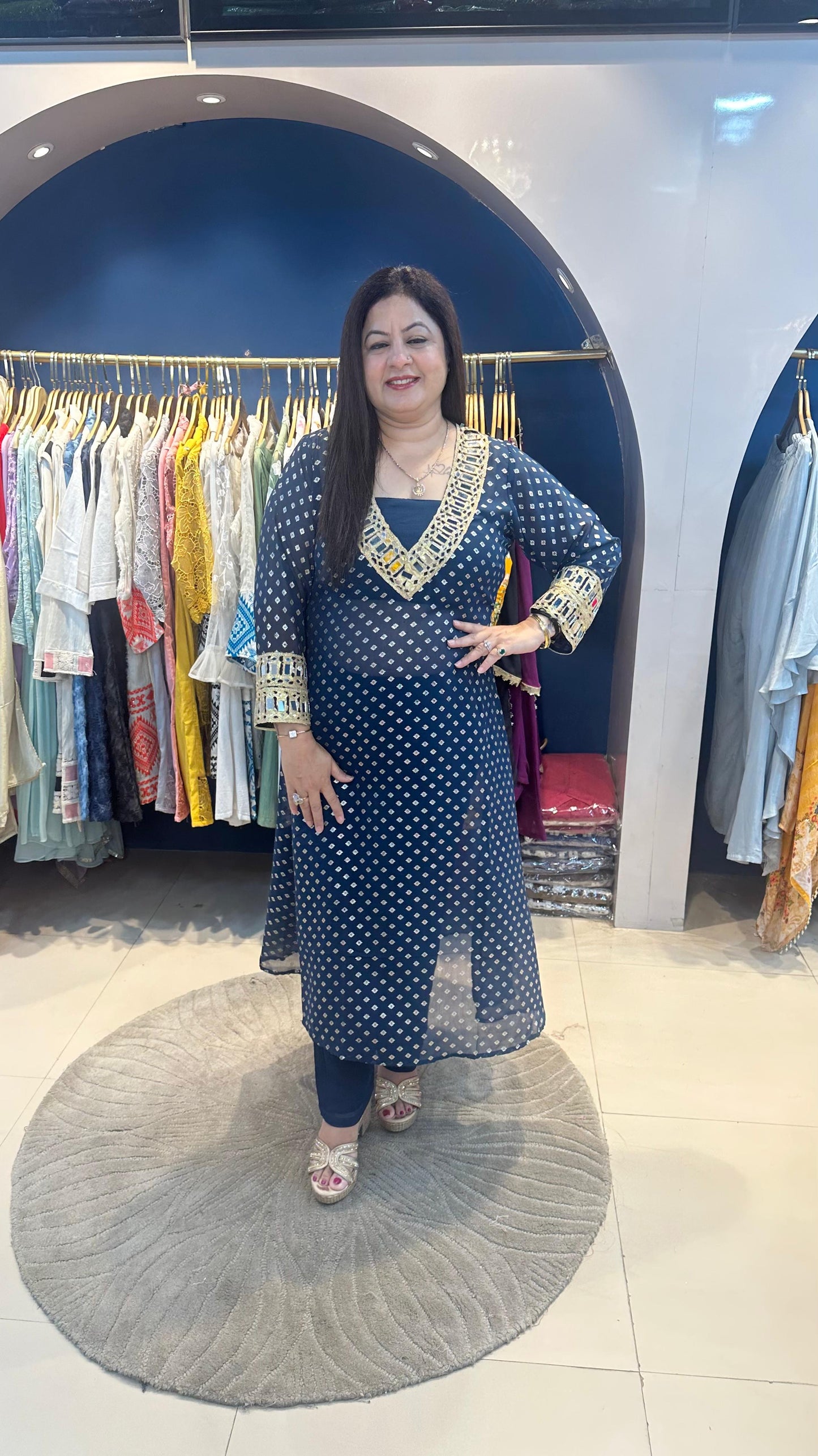Pure Viscose Georgette Foil Print 3pc Set with Pants & Inner Highlighted with Mirror Lace