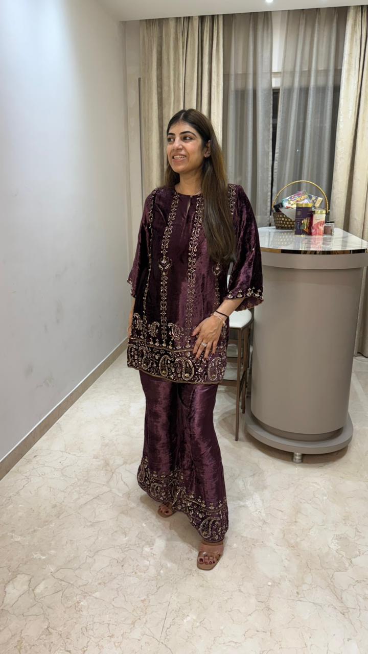 Premium velvet party wear 2 pc set with complete handwork paired with bell bottoms