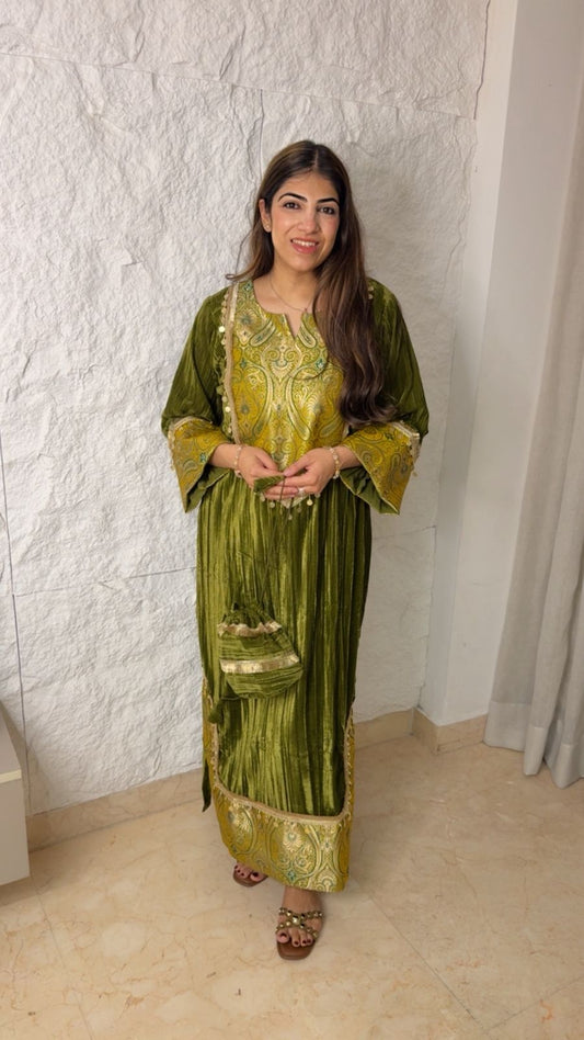 Crush velvet slit dress with banarsi detailing and potli