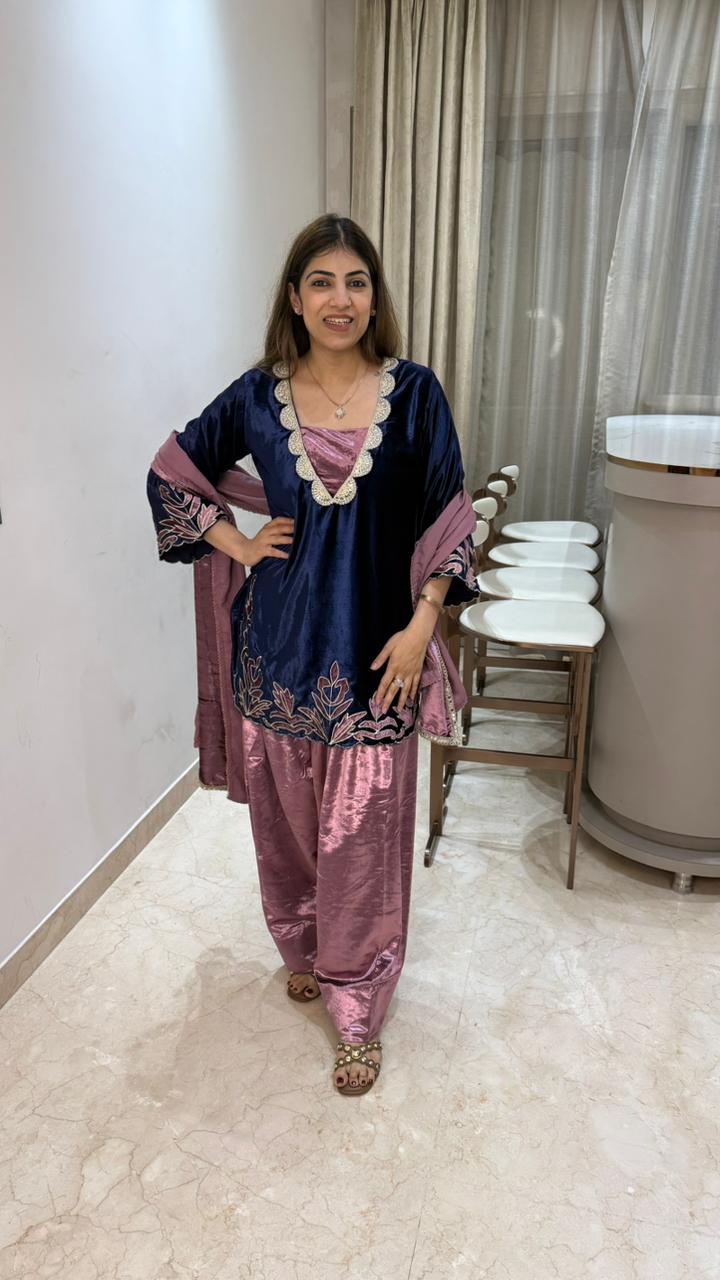 3 pc velvet farshi salwar suit with lazer cut work with velvet dupatta