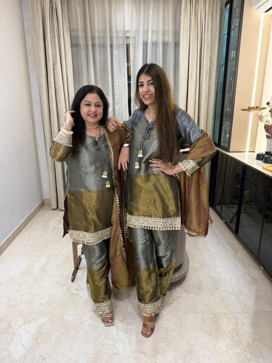 Pure banarasi fabric 3pc, suit with lace work inside pure cotton lining