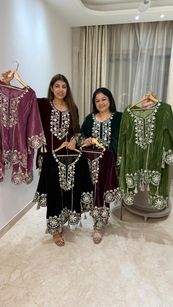 3 pc velvet suit with gota work with organza dupatta
