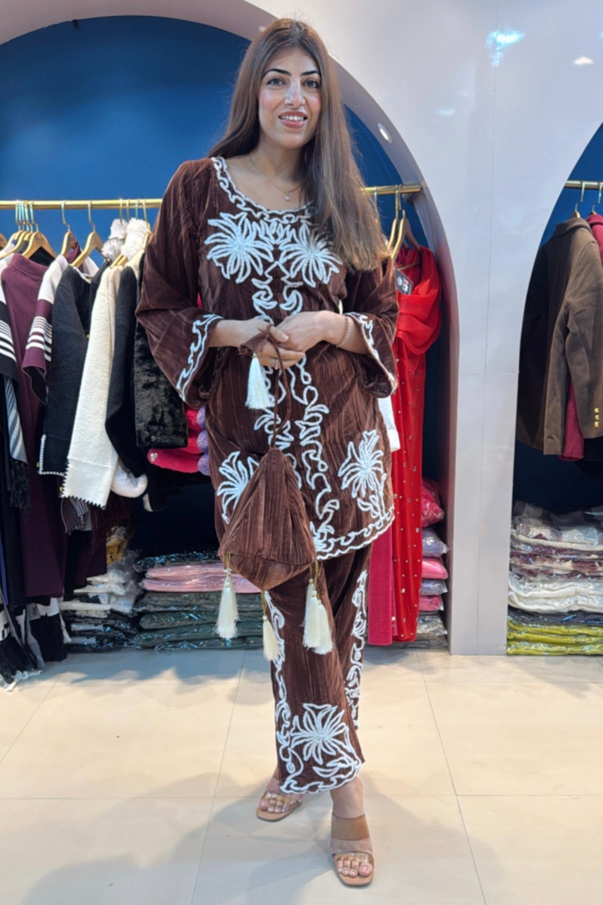 2pc Velvet Pakistani Co-ord Set With Potli