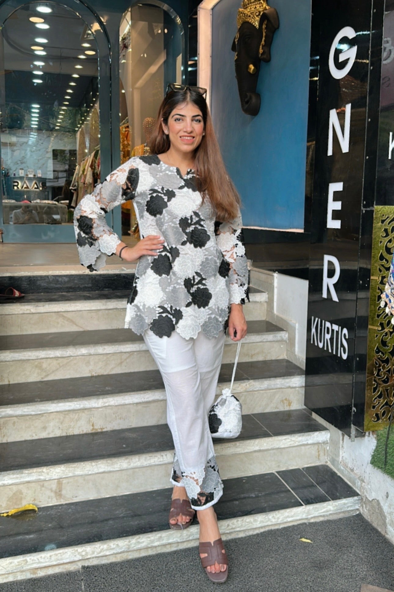 2pc Schiffli Cotton Co-ord Set With Potli
