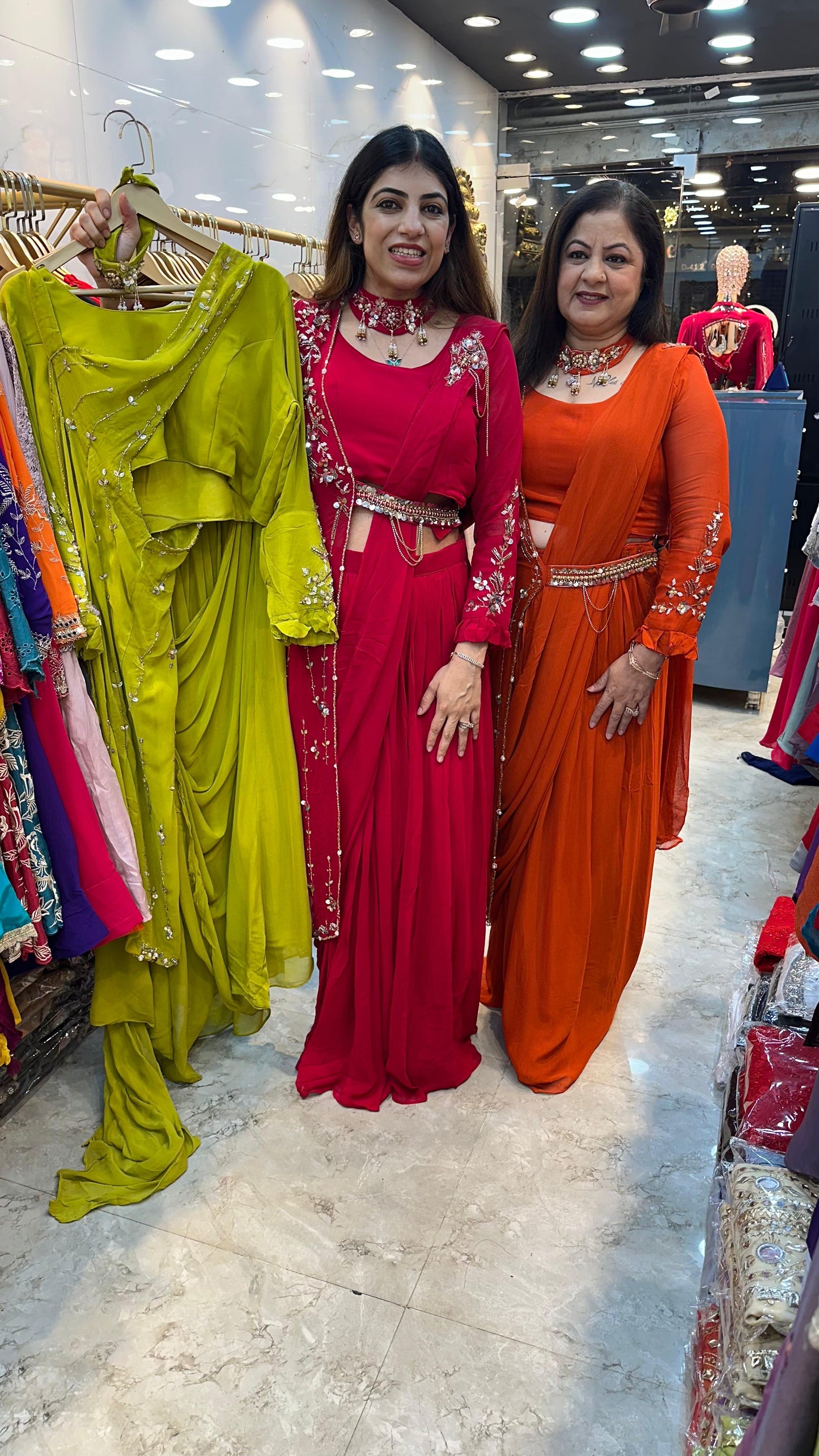Viscose georgette ready to wear saree with detechable cap nd neck pc