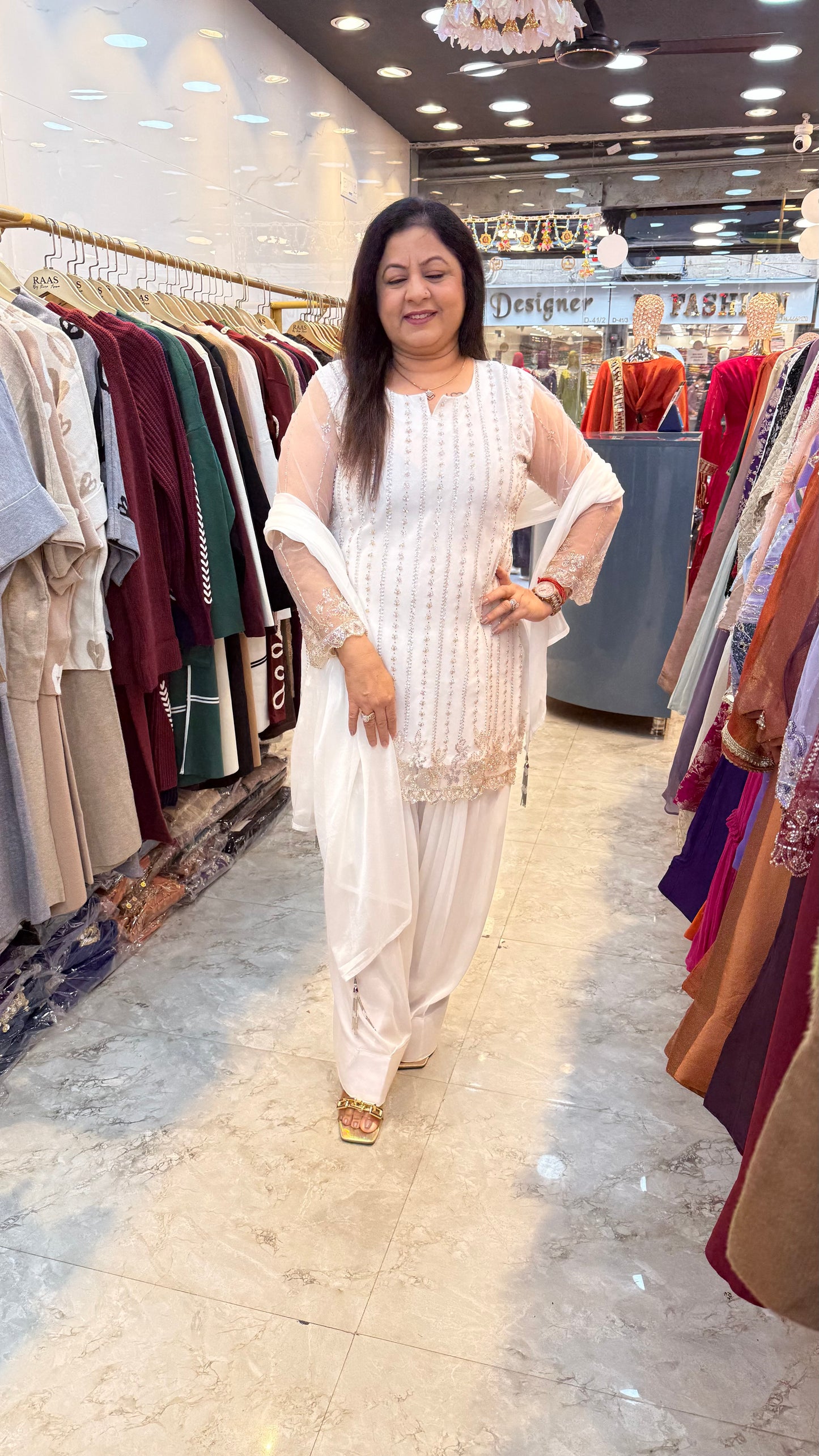 Viscose georgette 3pc partywear suit with farshi salwar shirt net fabric on all handwork