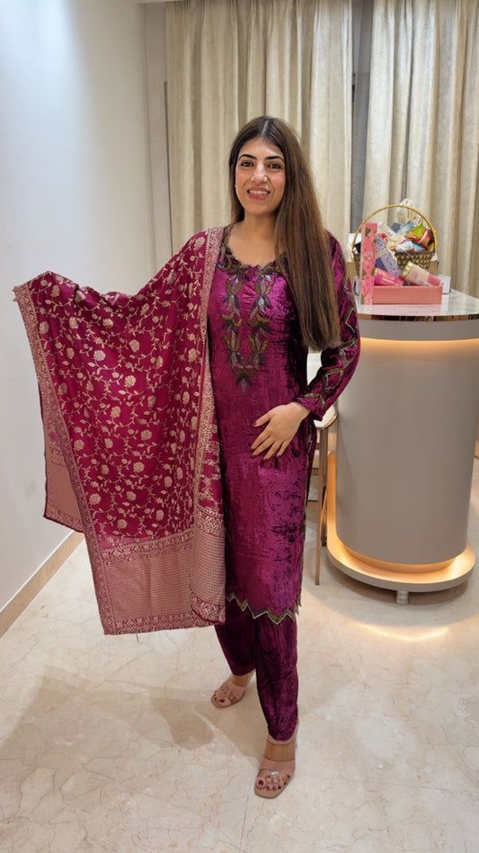 Imported -valvet 3pc suit all handwork with banarasi dupatta