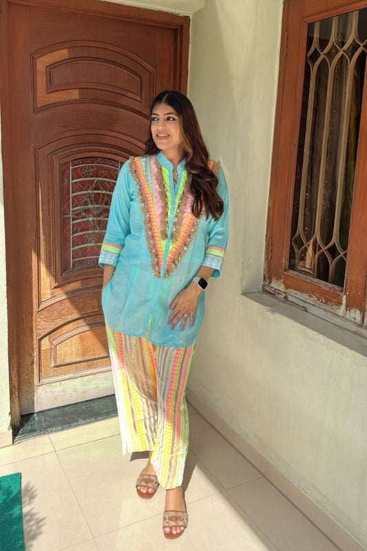 2pc Cotton-Muslin Co-ord Set With Printed Pants
