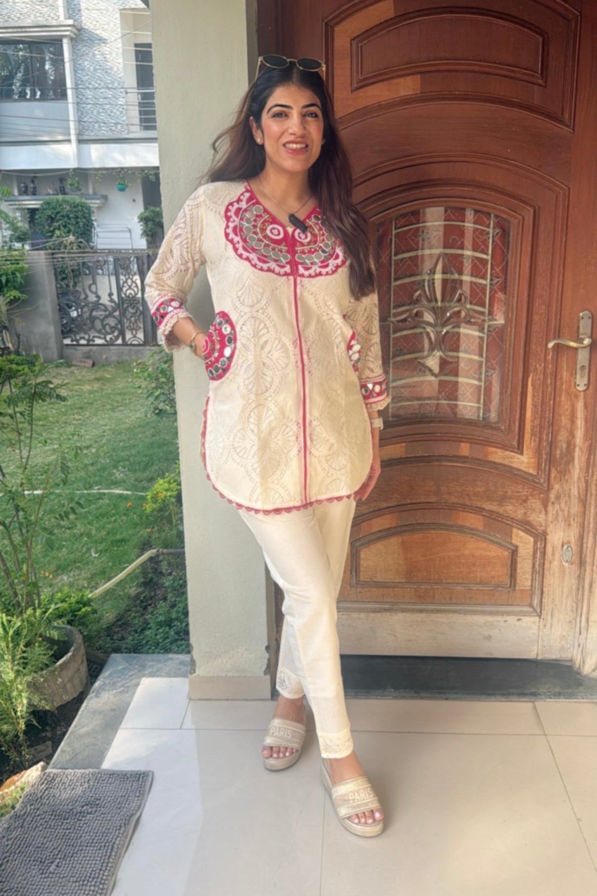 2pc Partywear Schiffli Co-ord Set Paired With Bell-bottom Pants