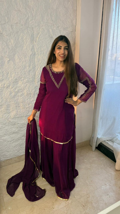 Pure viscose georgette, 3pc partywear suit- with neck line all over sleeves handwork