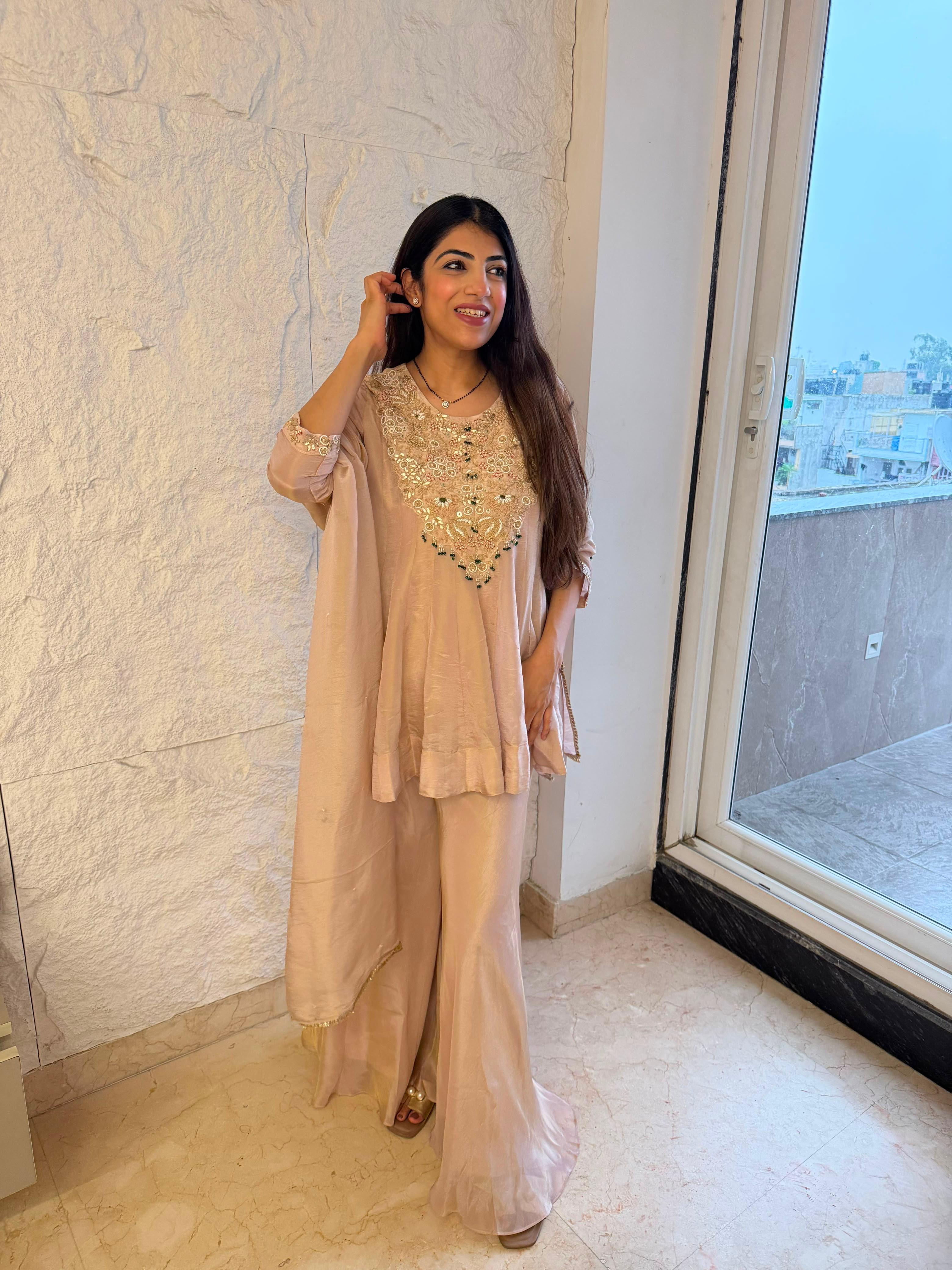 Pure shimmer tissue, peplum kurta plazo set with all zardozi work