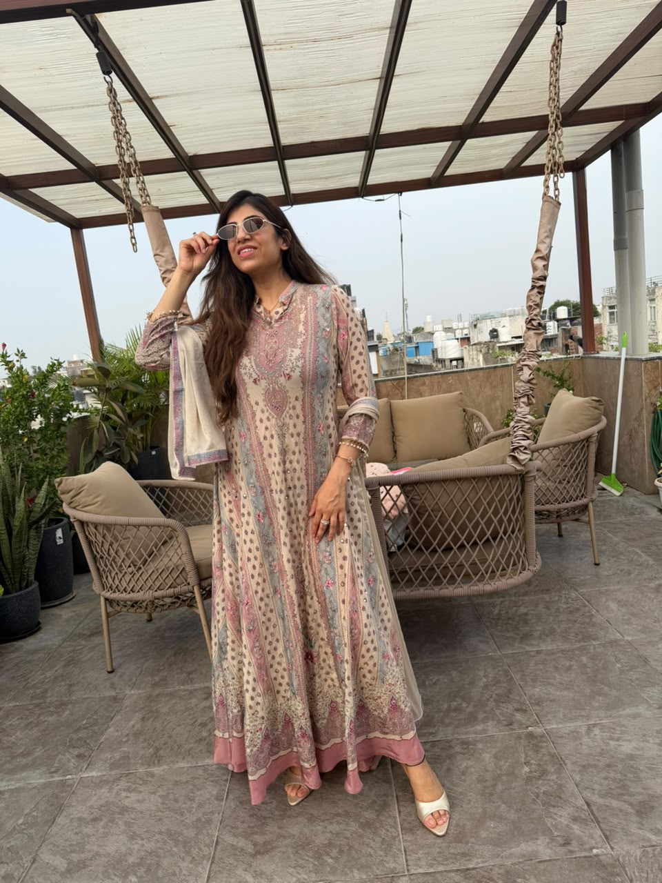 Pure crepe long anarkali multi print with full dupatta