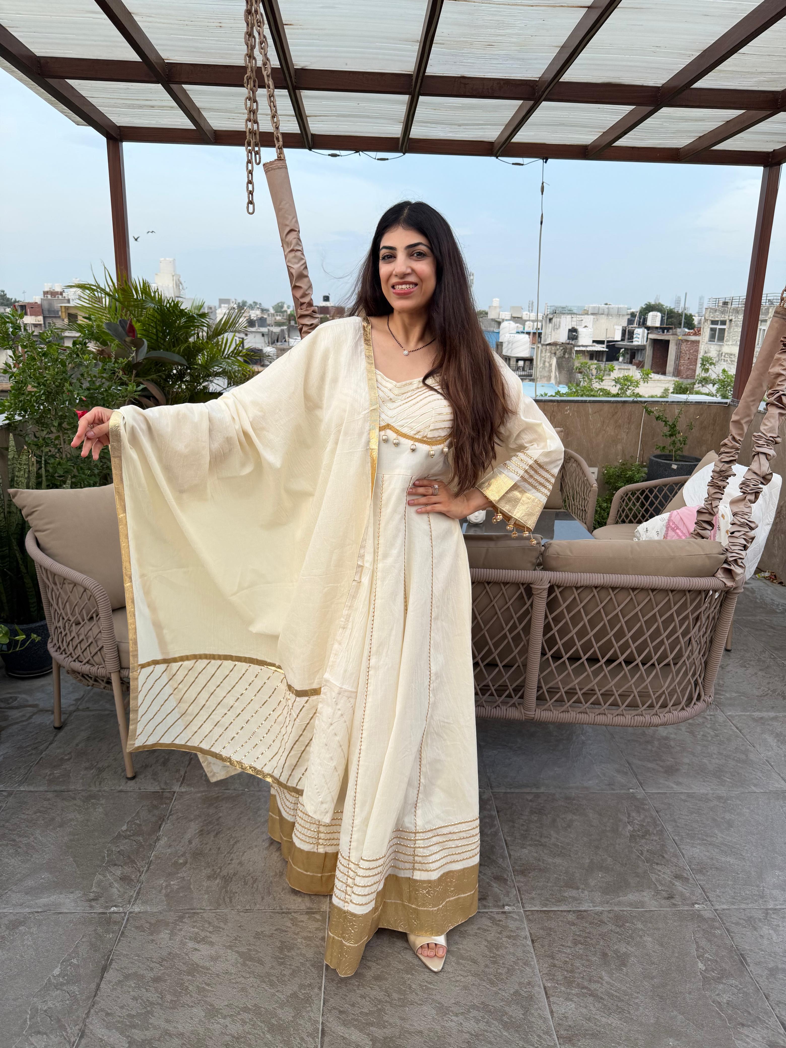 Kora cotton fabric long anarkali set with full 2.5 mtr dupatta & gota patti lace work