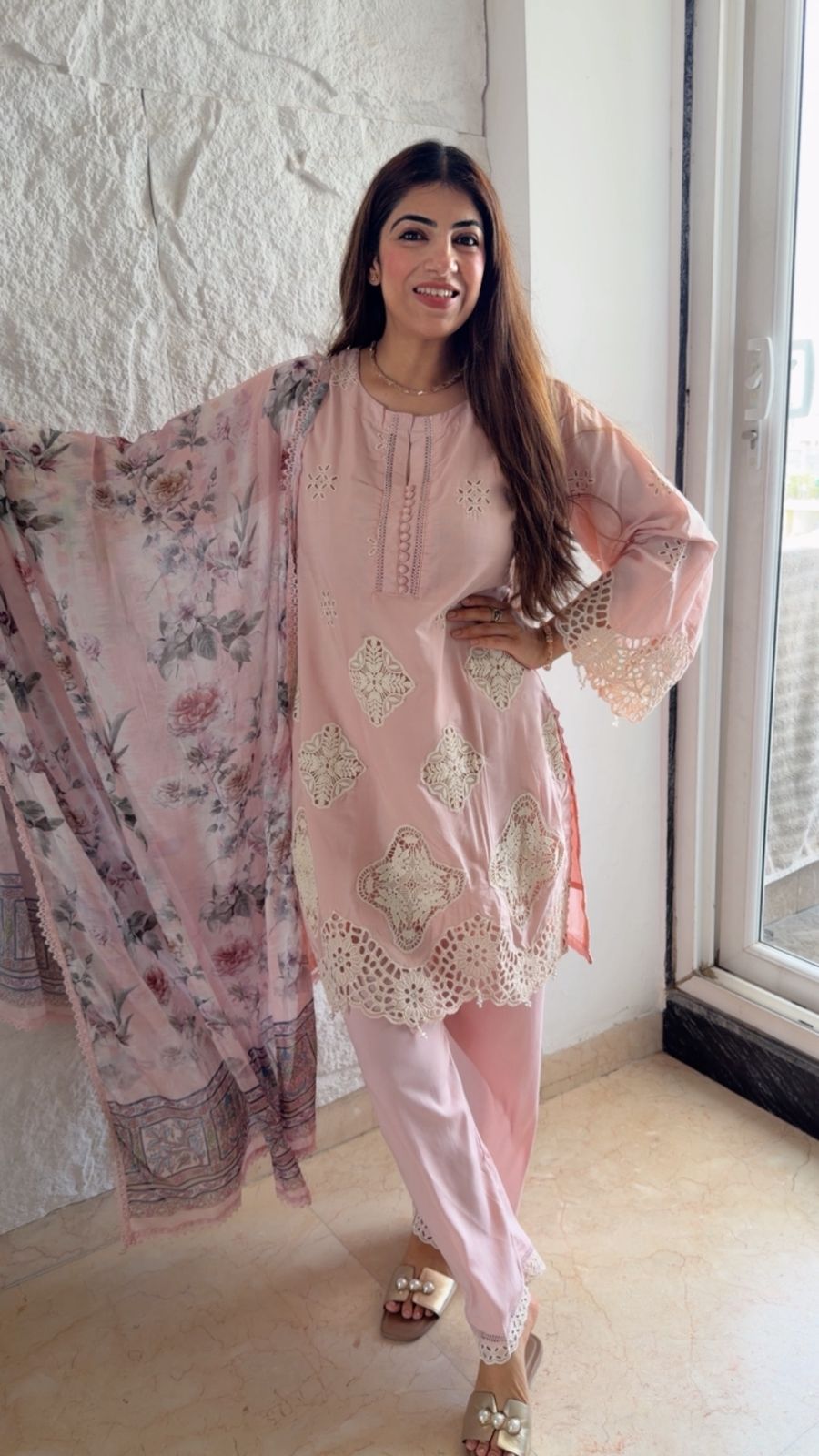 Imported cotton Pakistani suit with cutwork embroidery & chiffon printed duppata