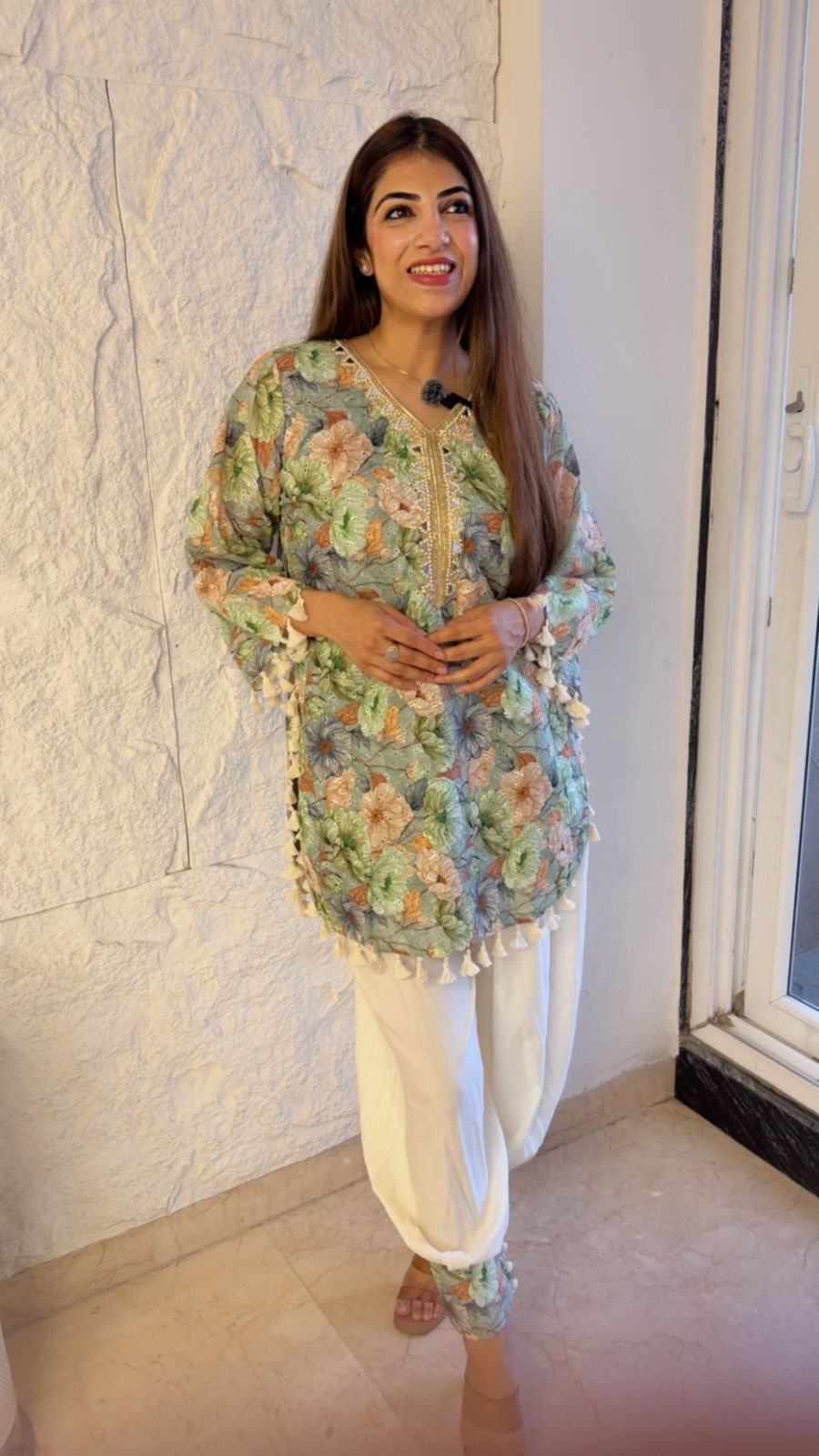 Schiffli cotton shirt with balloon pants