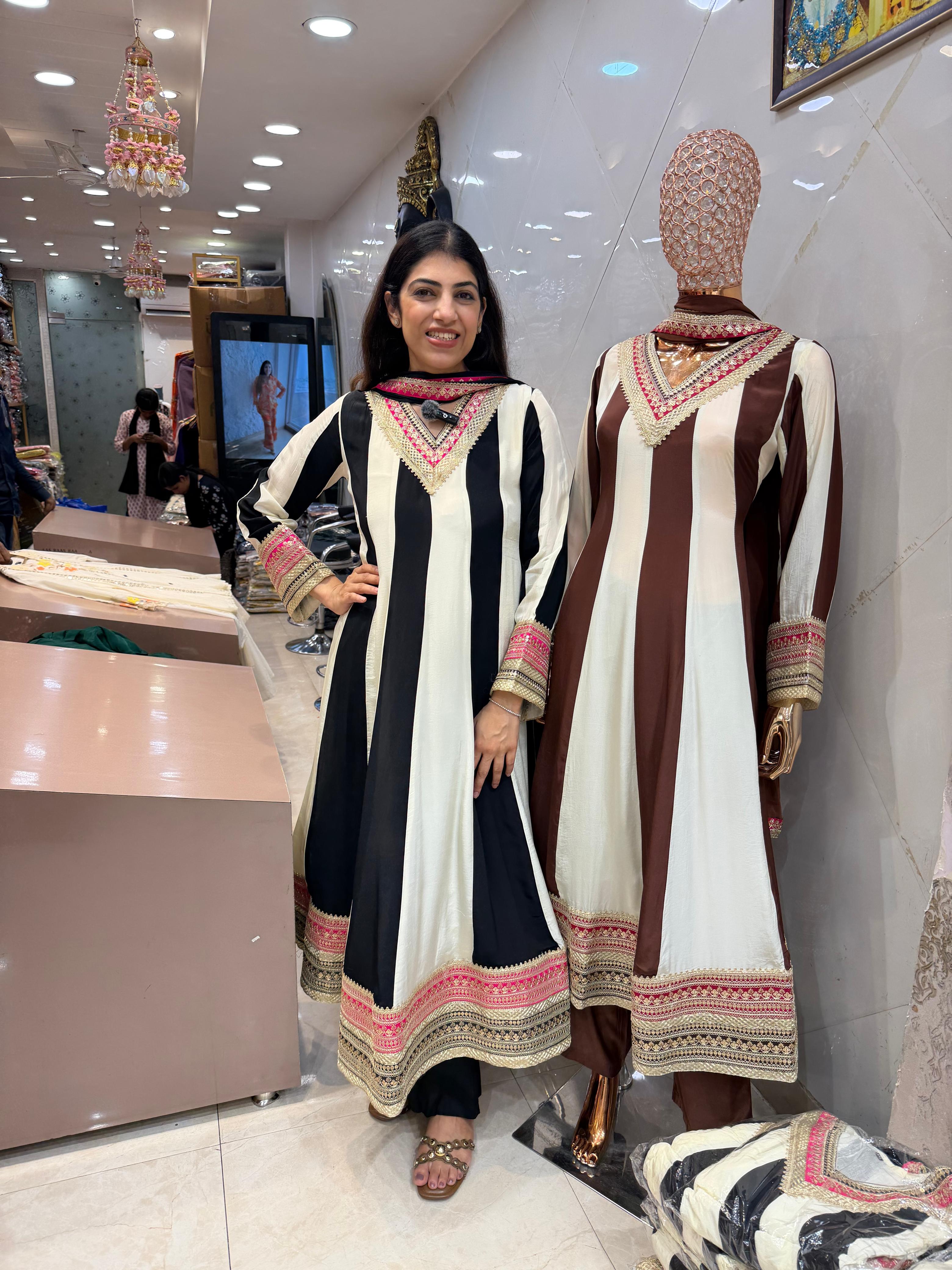 Pure crepe 3,peice long Anarkali with lace work embroidery