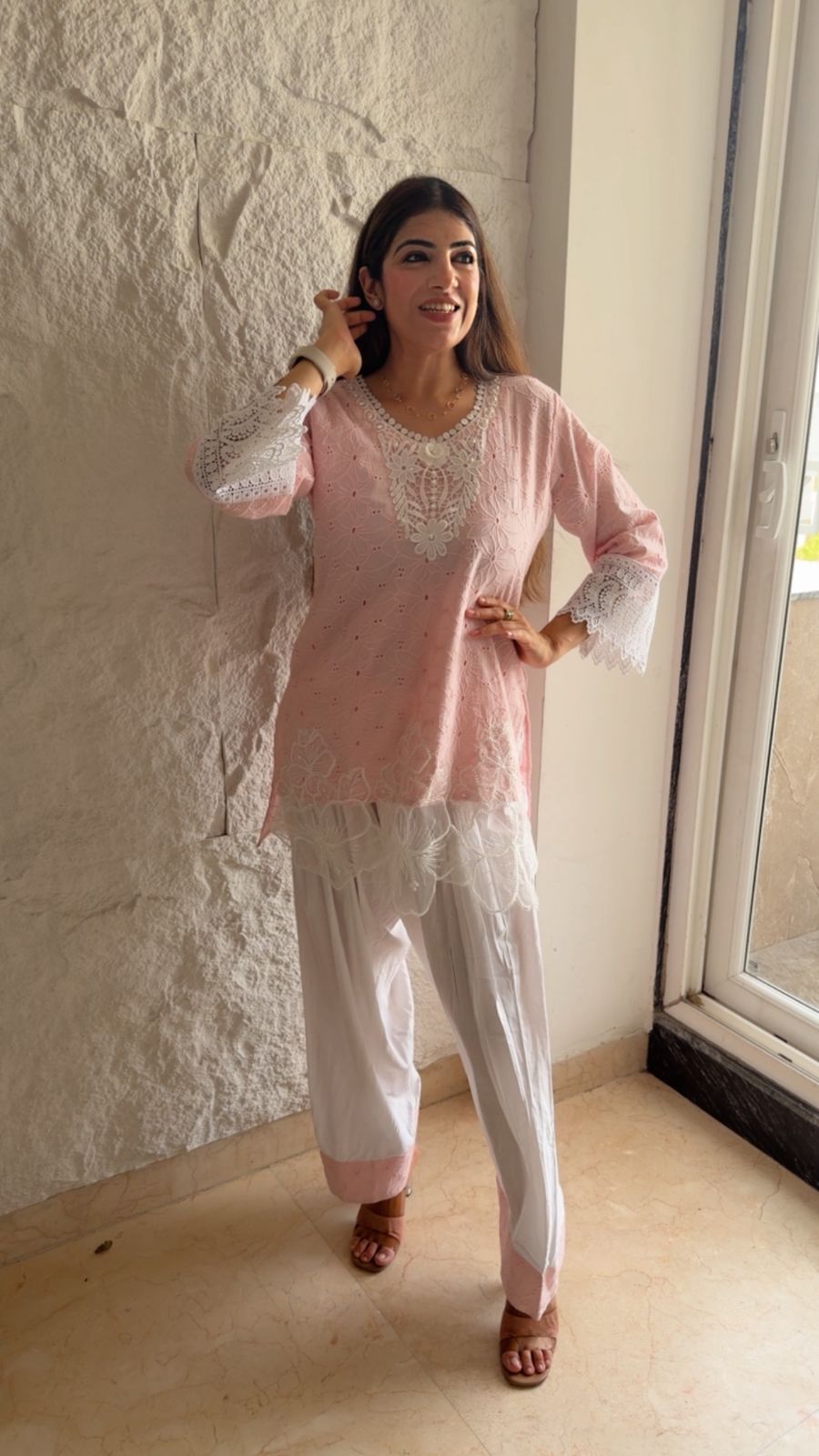 Schiffli cotton farshi set with flower motifs