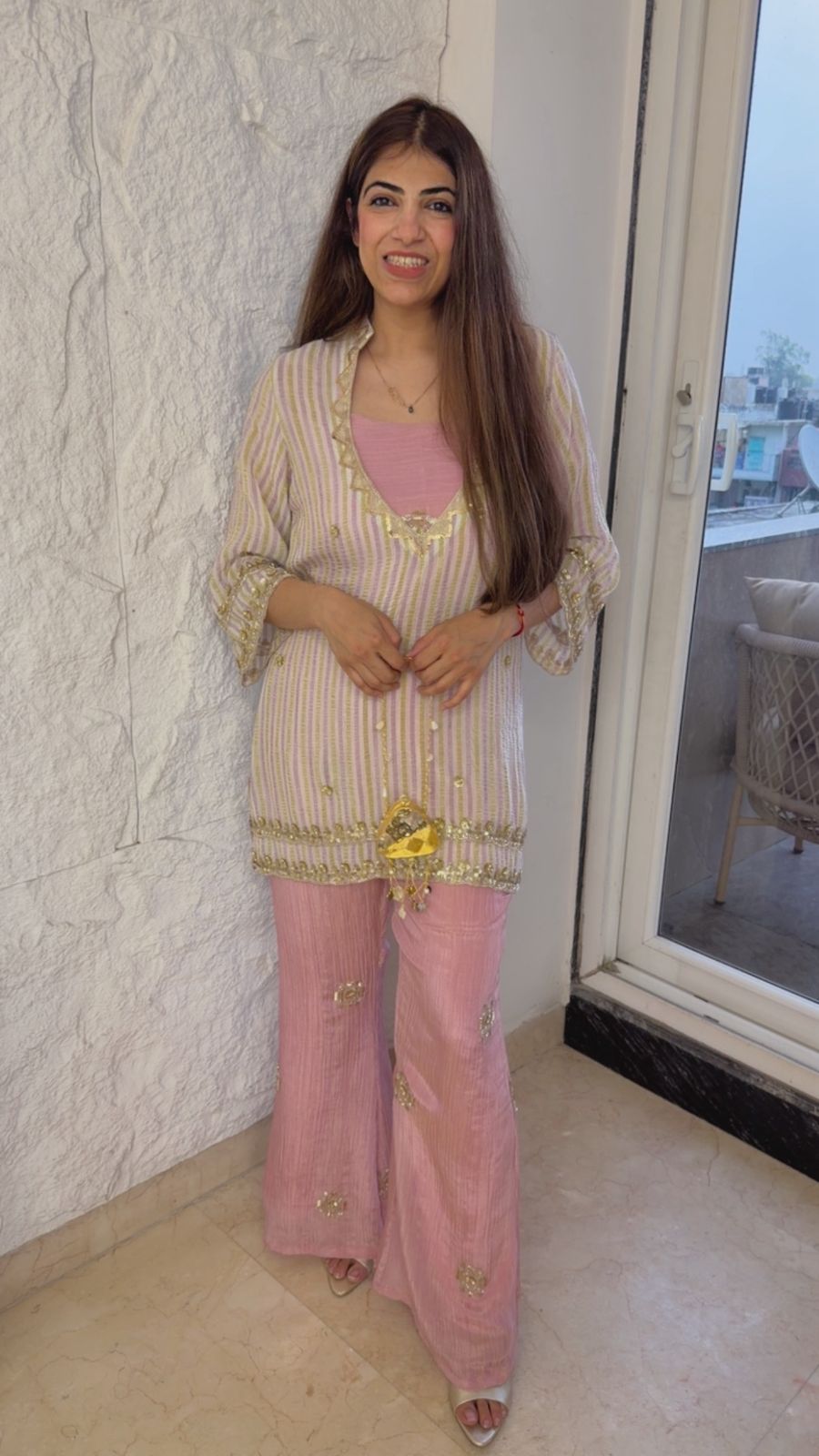 Chinon 3 pc set with handwork on shirt with crushed bell bottom pants with small highlighted work