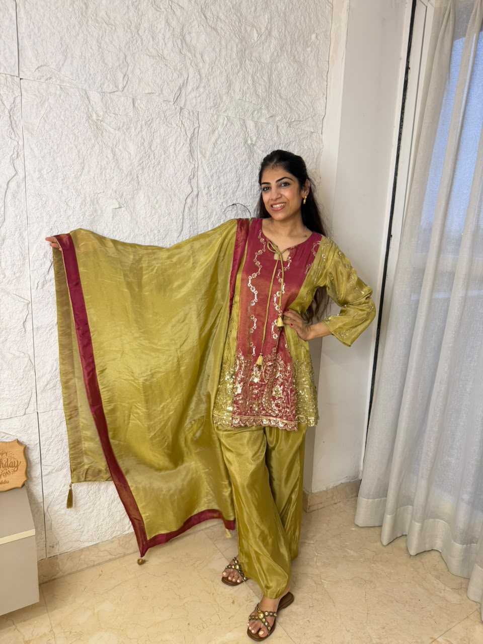 Pure shimmer 3,pc bell bottom plazo set with all handwork