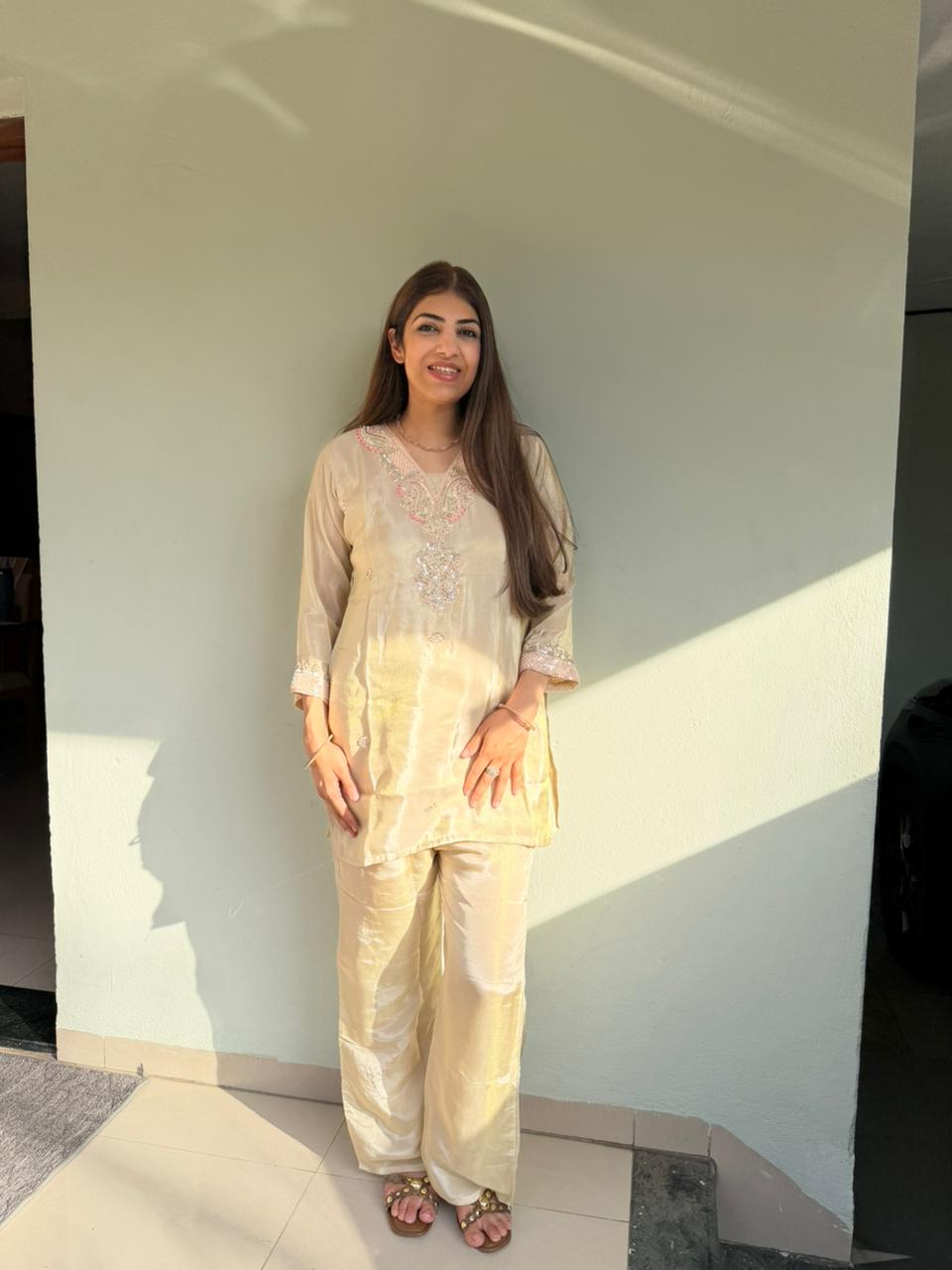 Pure shimmer tissue 2pc, co-ord set with handwork inside cotton lining