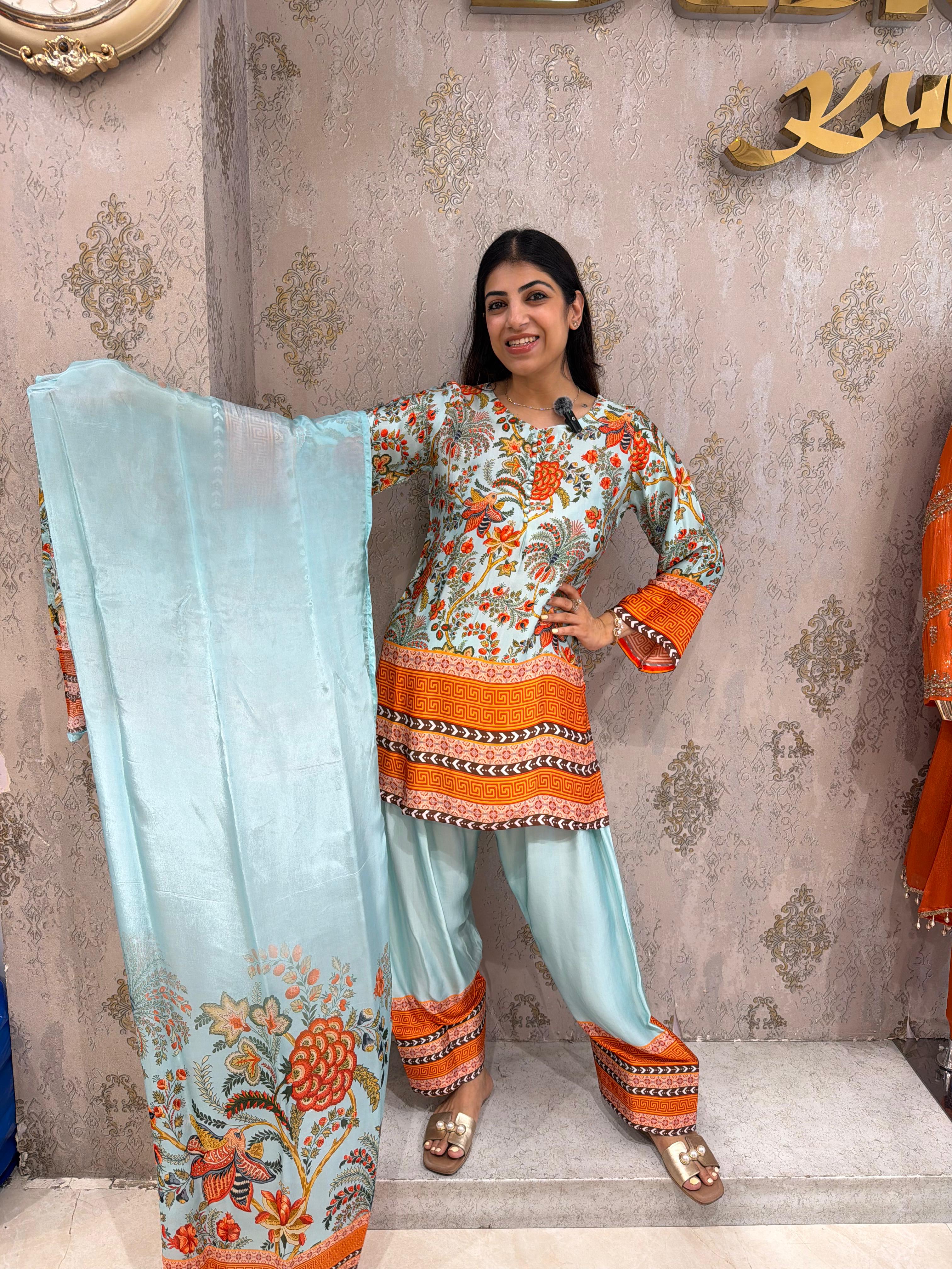 Pure Armani crepe digital print 3pc, set with farshi salwar