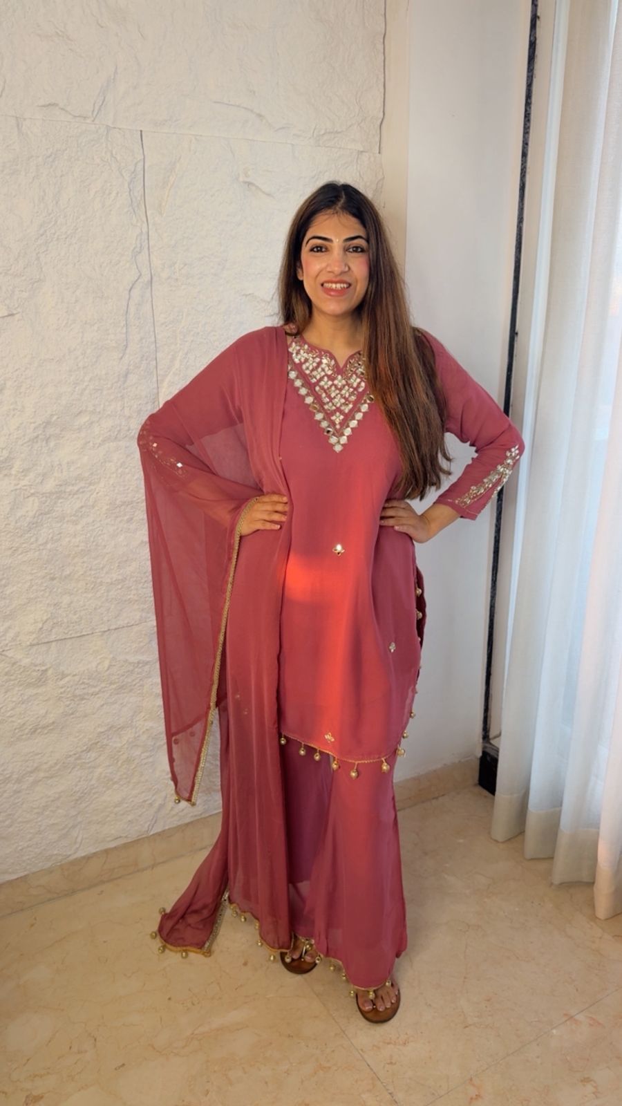 Pure viscose georgette- 3pc, partywear suit with bell bottom plazo and neckline mirror work and handwork