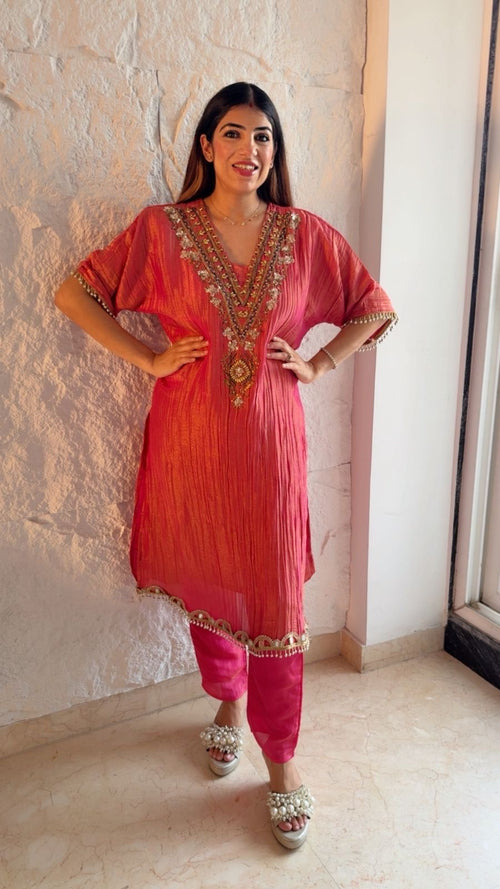 Firan style 2pc set simmar crushed fabric nd v nack handwork designe