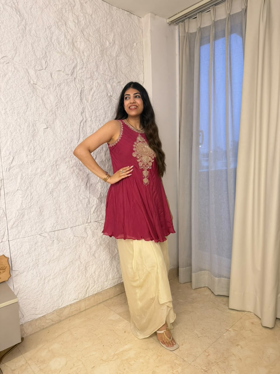 Pure Chinon  sleeves handwork drape skirt indo-western set