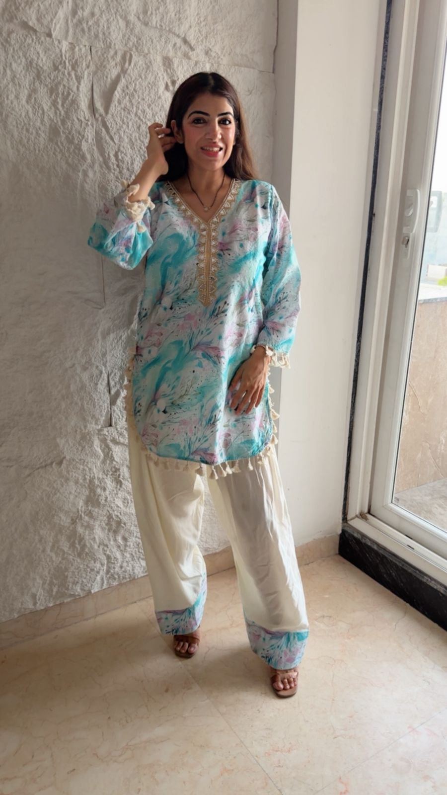 Schiffli cottom shirt with rayon cotton farshi salwar set