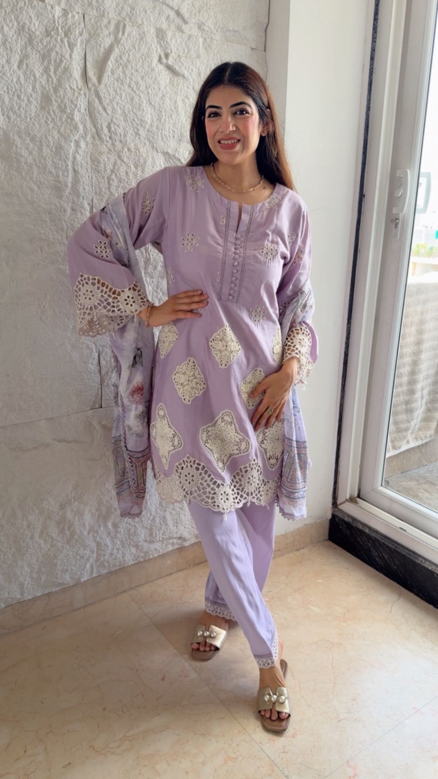 Imported cotton Pakistani suit with cutwork embroidery & chiffon printed duppata