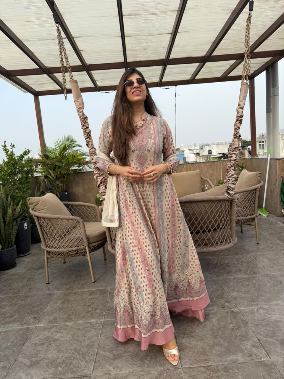 Pure crepe long anarkali multi print with full dupatta