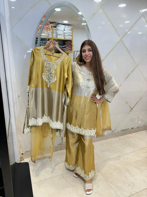 Pure banarasi silk 3pc-suit with neck,sleeves, plazo all moti work with organza duppata