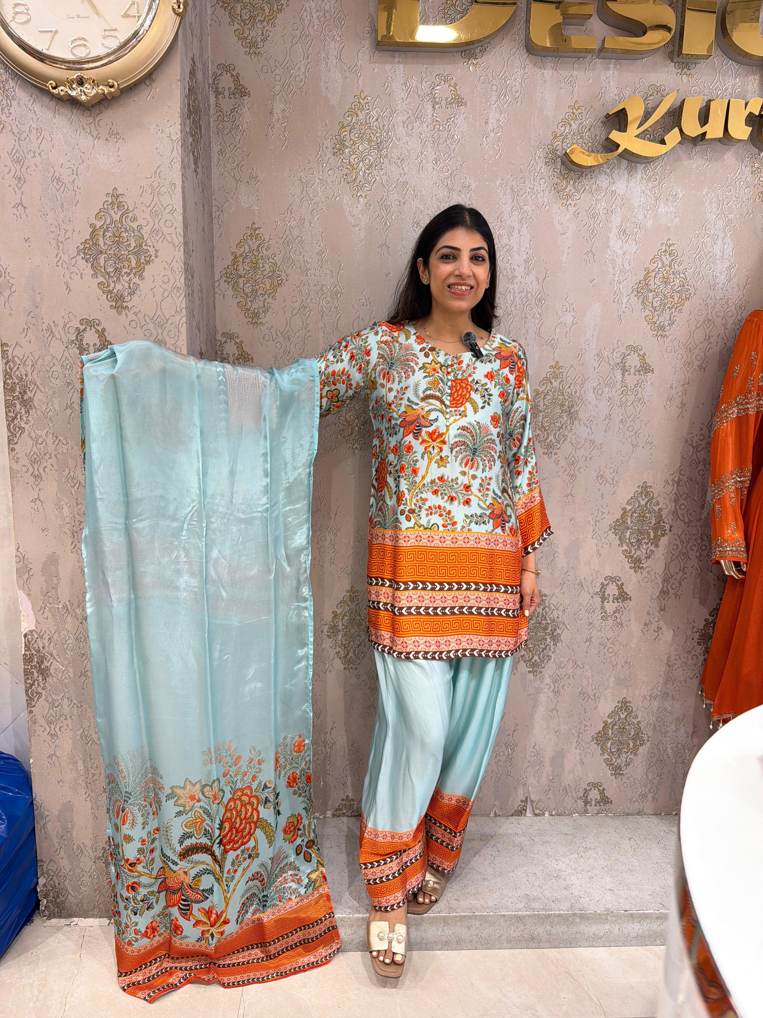 Pure Armani crepe digital print 3pc, set with farshi salwar