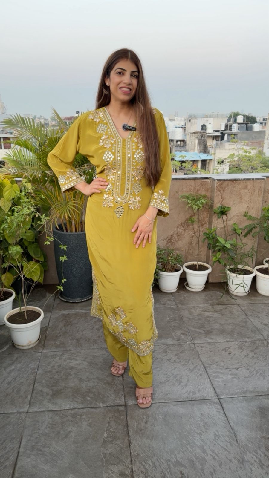 Pure crepe long 2pc, set side slit cut with gota patti and mirror work