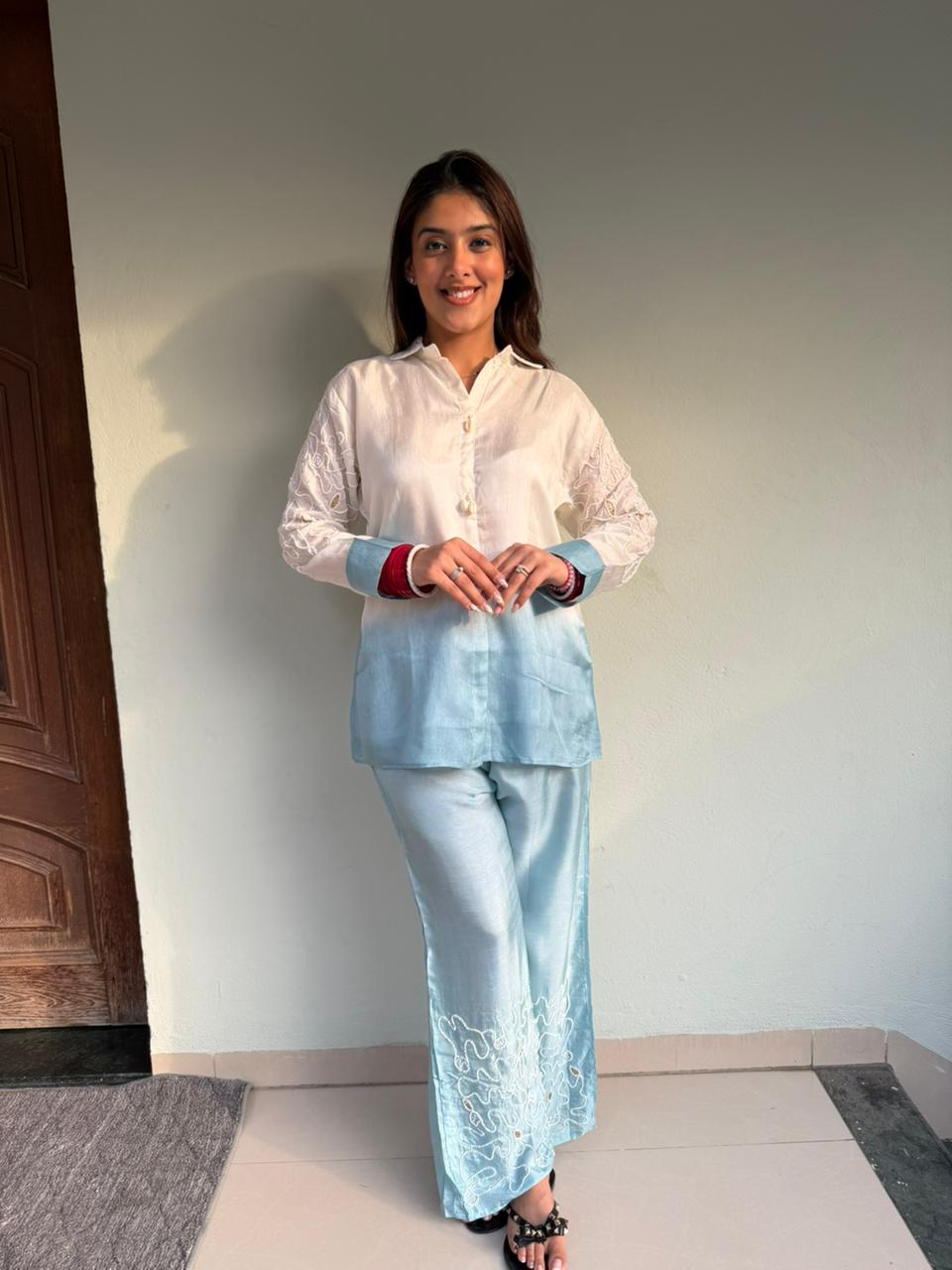 Pure muslin silk 2pc,co-ord set inside-cotton lining with handwork