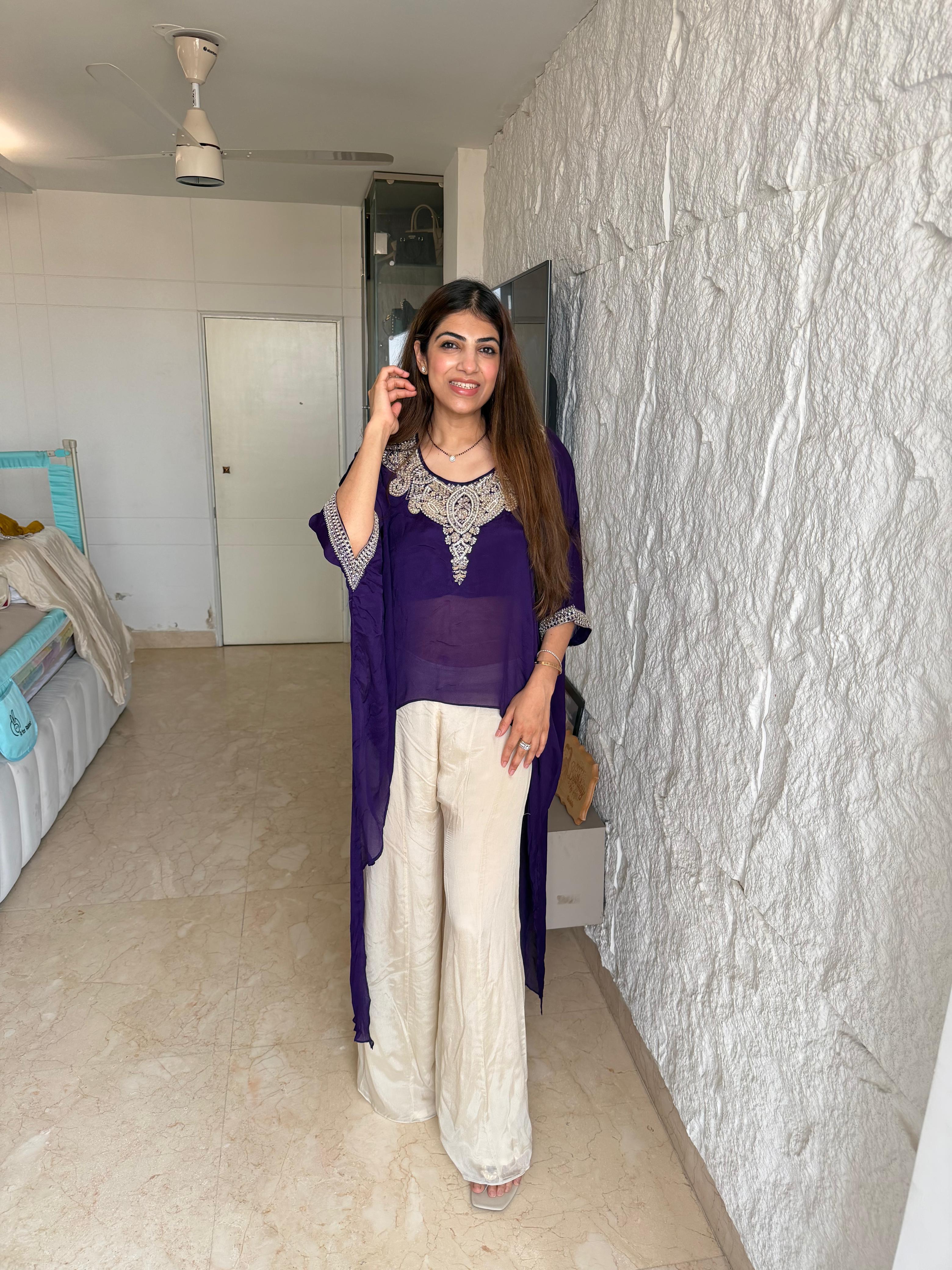 Pure Chinon indo-western 3 piece set with all  handwork neck & sleeves